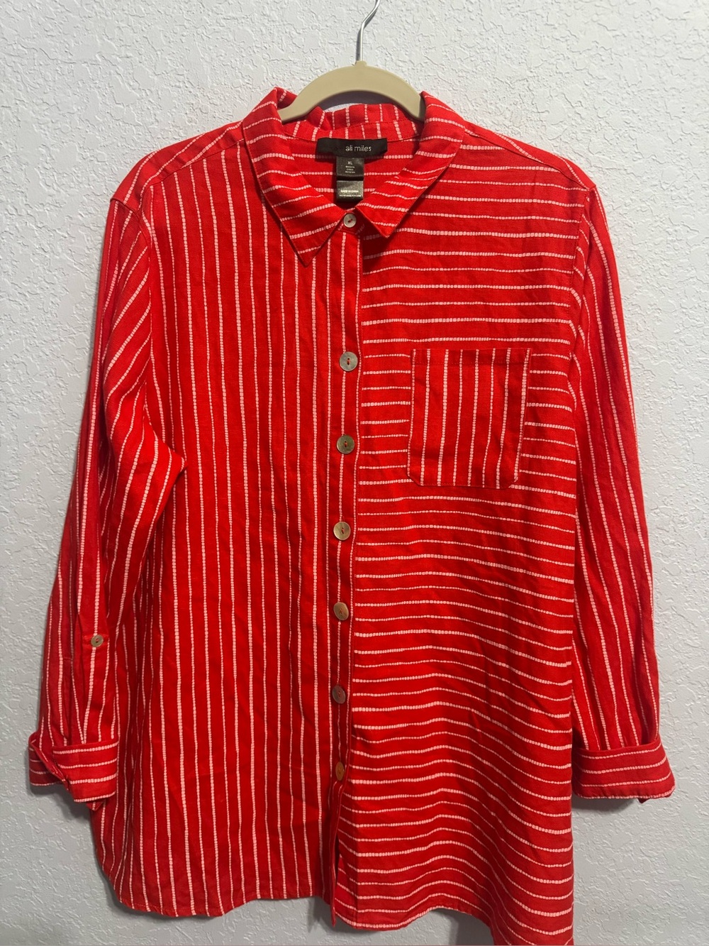 Ali Miles Women’s Red Striped Linen Blend Button-Up Top